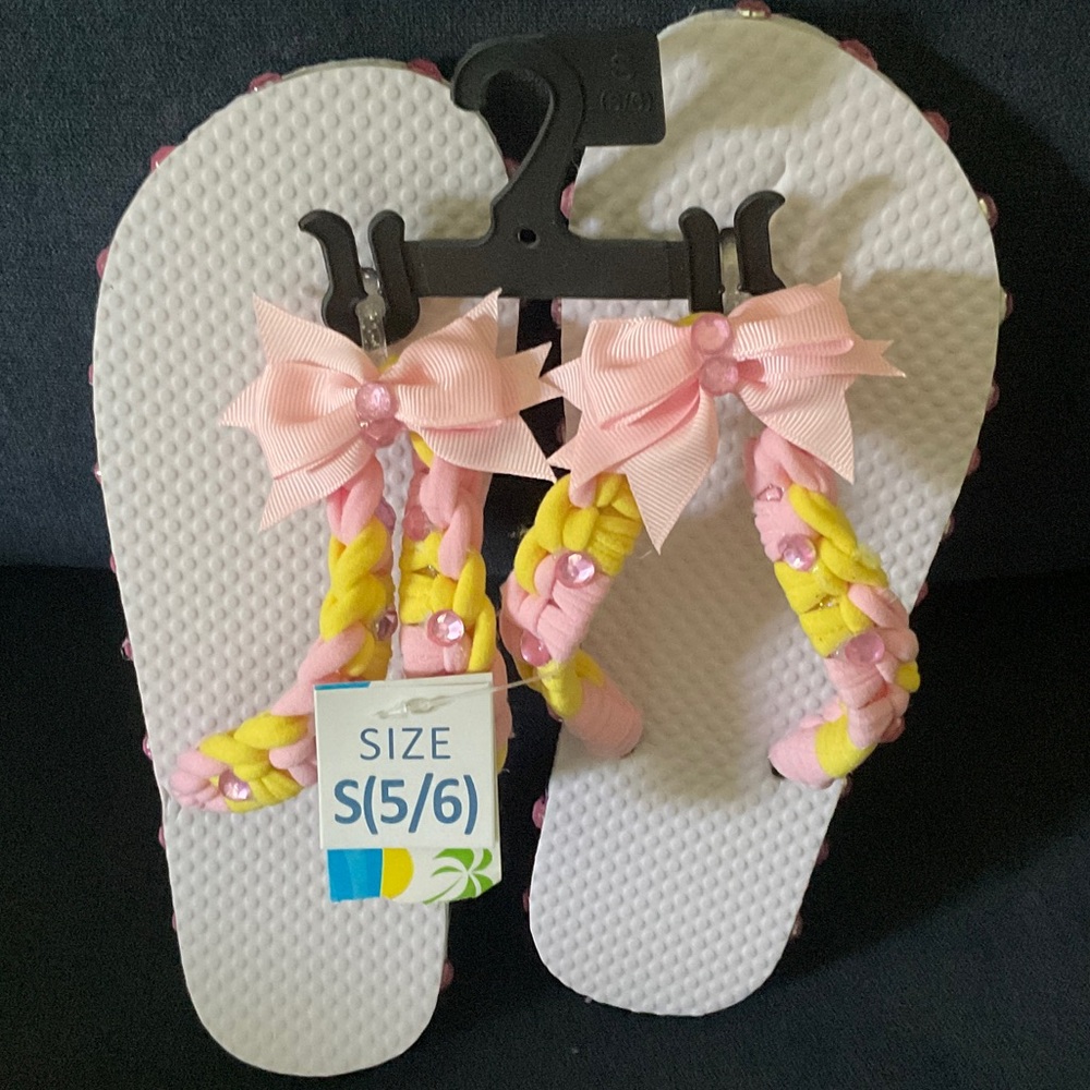 Kids Pink and Yellow Bow Flip Flops